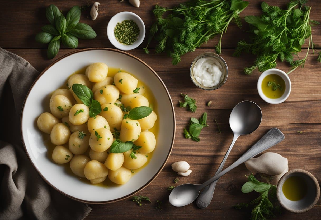 Um prato fumegante de nhoque de batata sem laticínios em uma mesa rústica de madeira, cercado por ervas frescas e um fio de azeite.