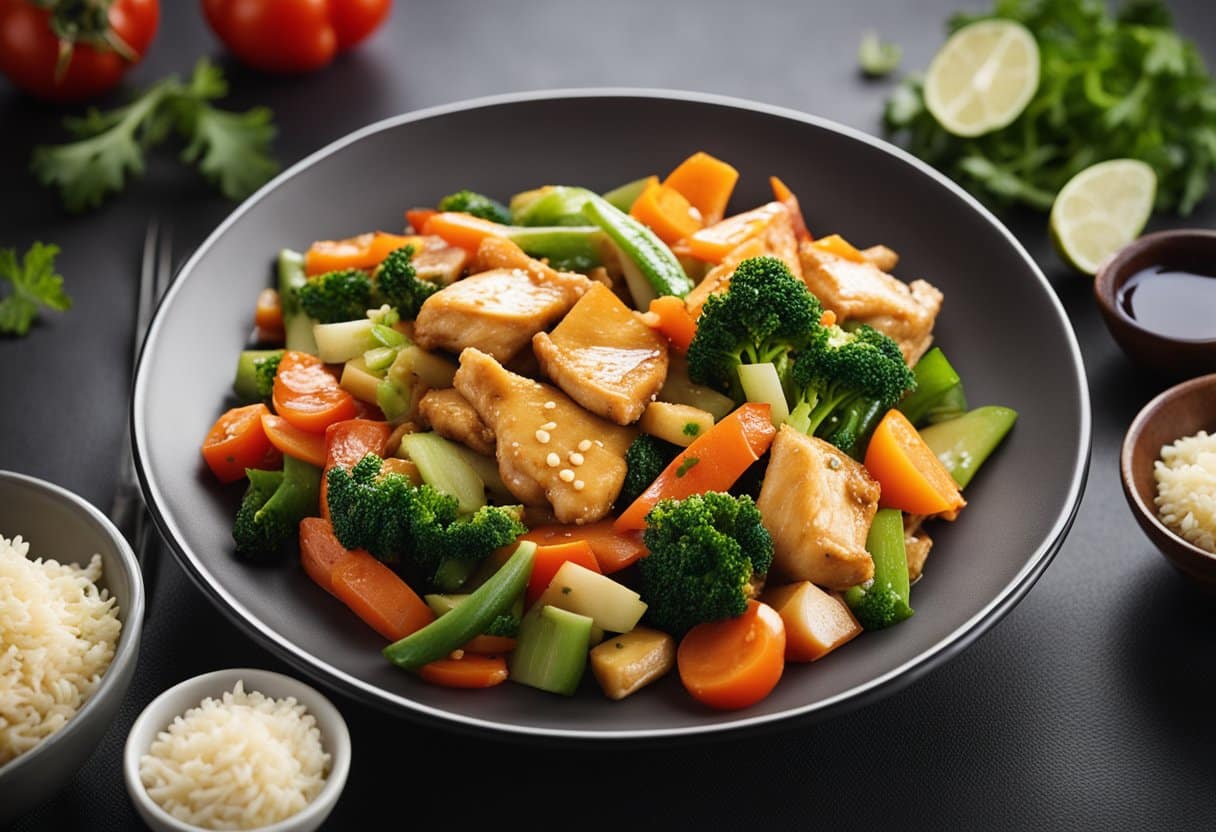 Um prato colorido de frango salteado sem lactose com vegetais e molho