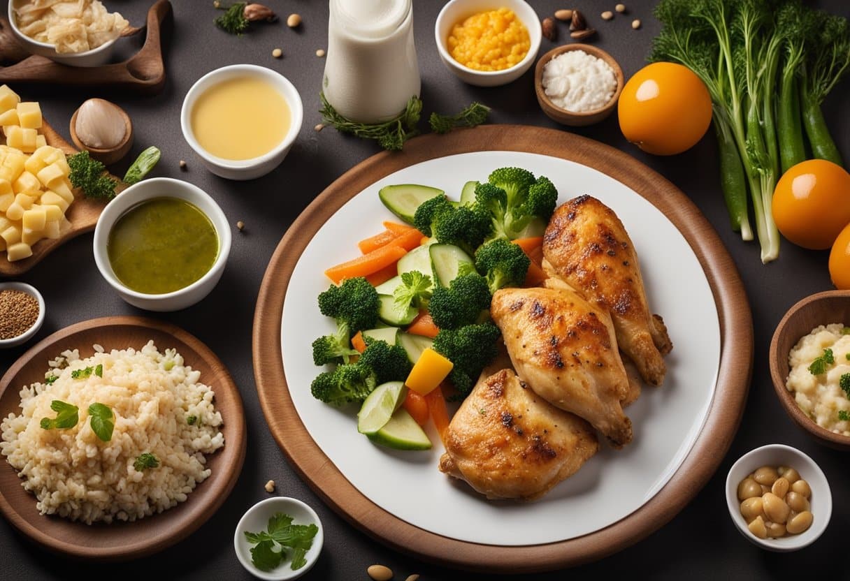 Uma mesa posta com um prato de empadinha de frango, cercado por ingredientes como frango, legumes e produtos não lácteos.