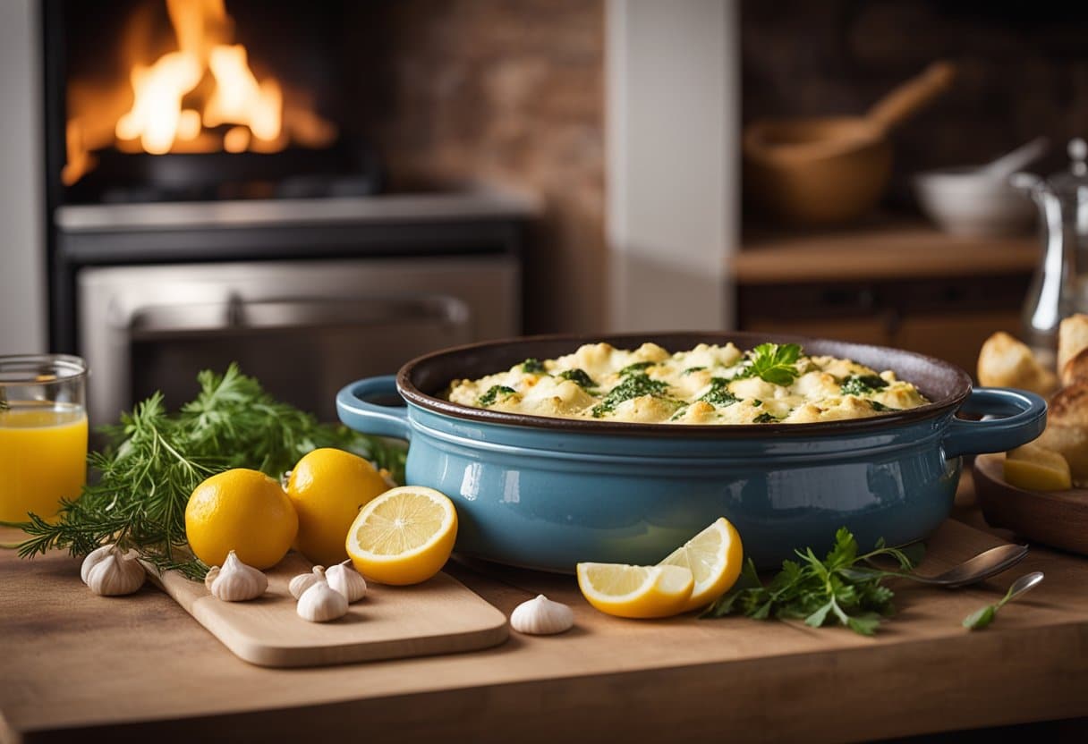 Uma cozinha rústica com um prato de Bacalhau ao forno borbulhante, cercado por ingredientes coloridos e uma atmosfera quente e convidativa.