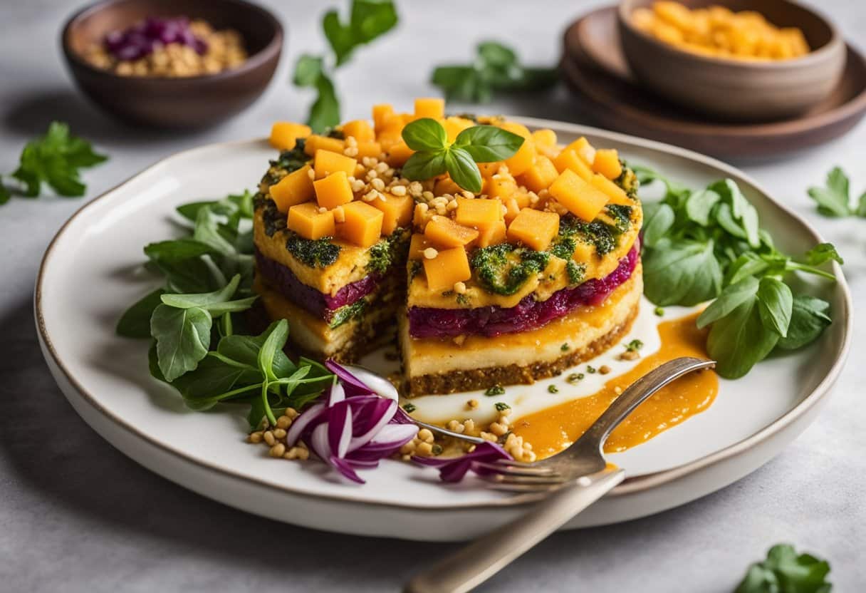 Um prato colorido de escondidinho vegano sem laticínios, com camadas de purê de legumes raízes e proteína à base de plantas, coberto com uma crosta dourada.
