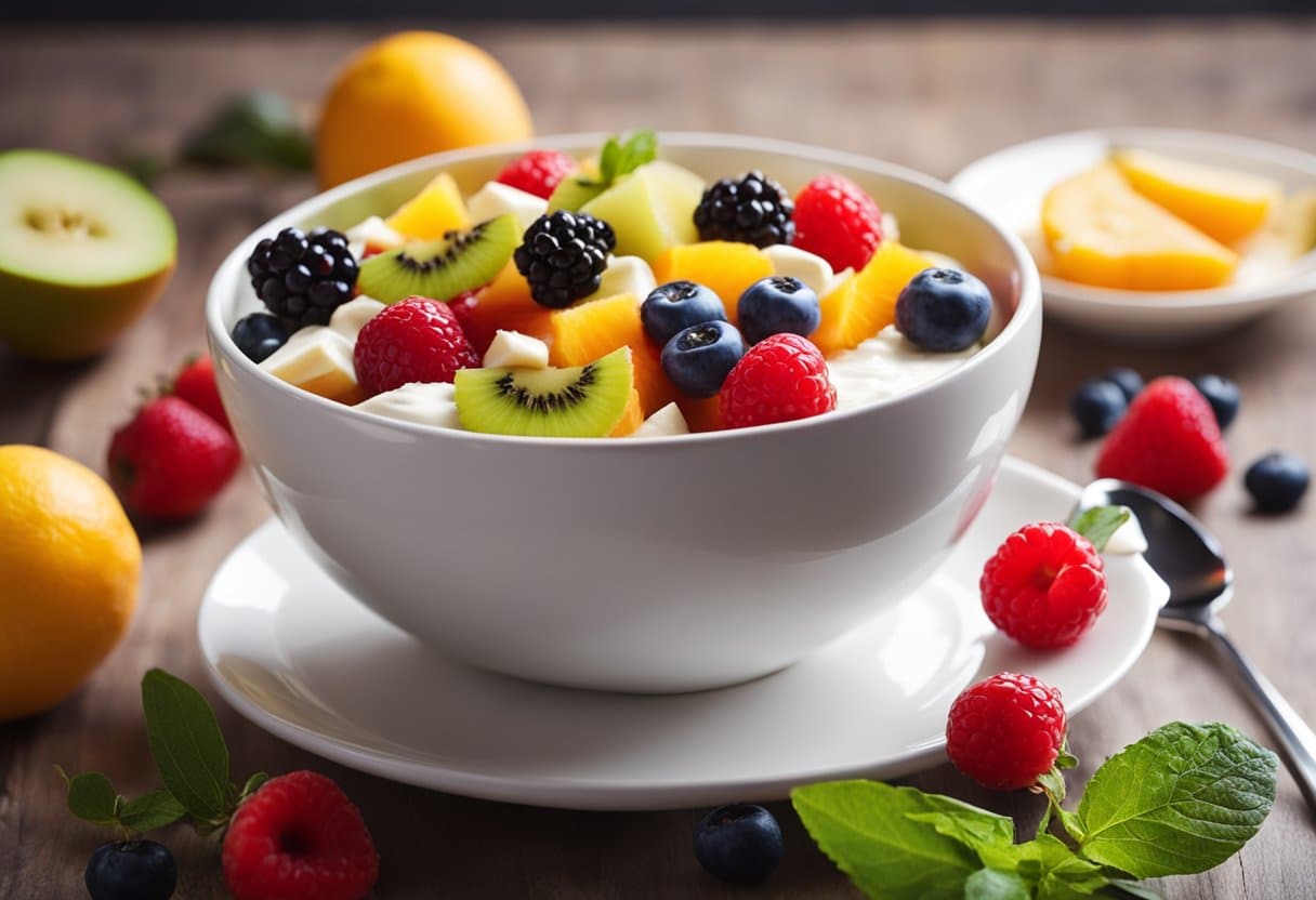 Uma tigela de salada de frutas coloridas com creme sem laticínios, cercada por frutas frescas e uma colher decorativa