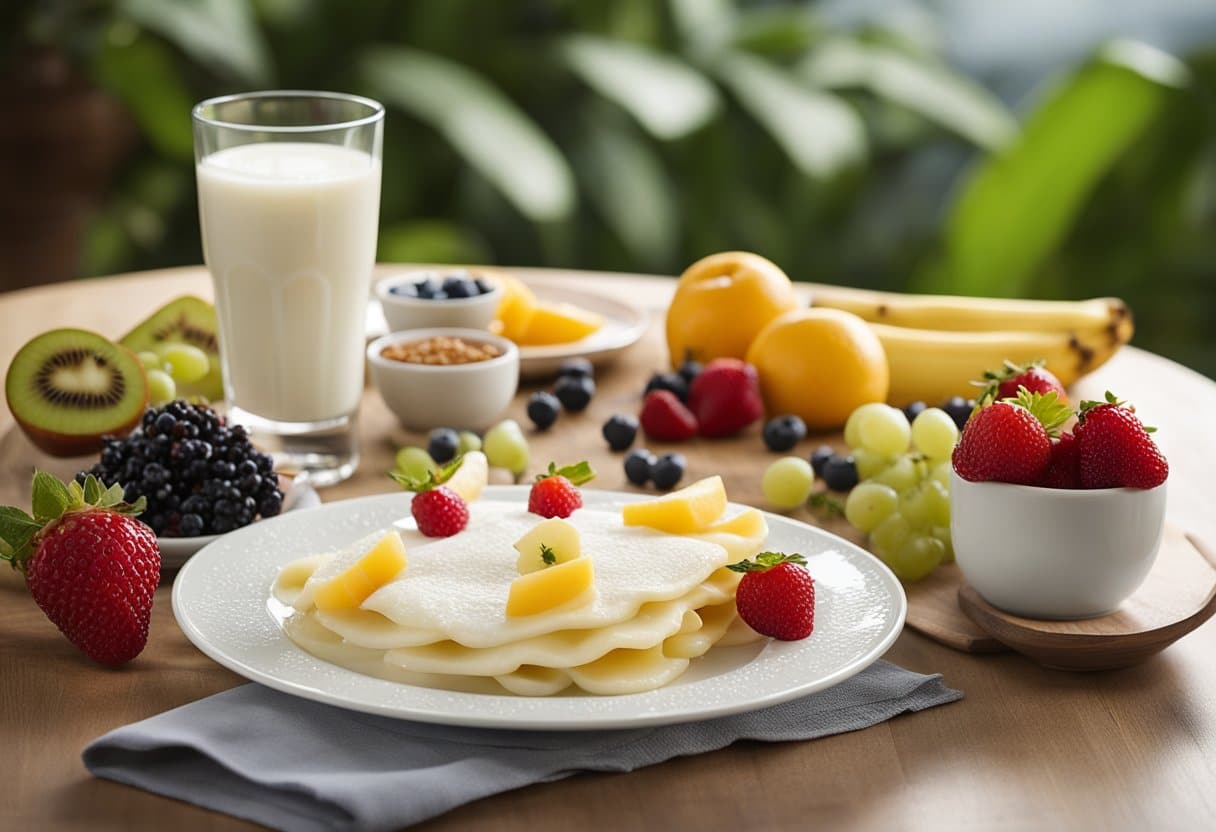 Uma mesa posta com um prato de crepioca, frutas frescas e um copo de leite sem lactose