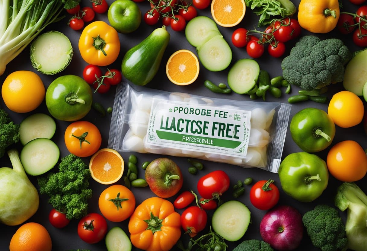 Uma variedade colorida de vegetais e frutas frescas envoltas em um filme biodegradável transparente, com um rótulo proeminente de "sem lactose".