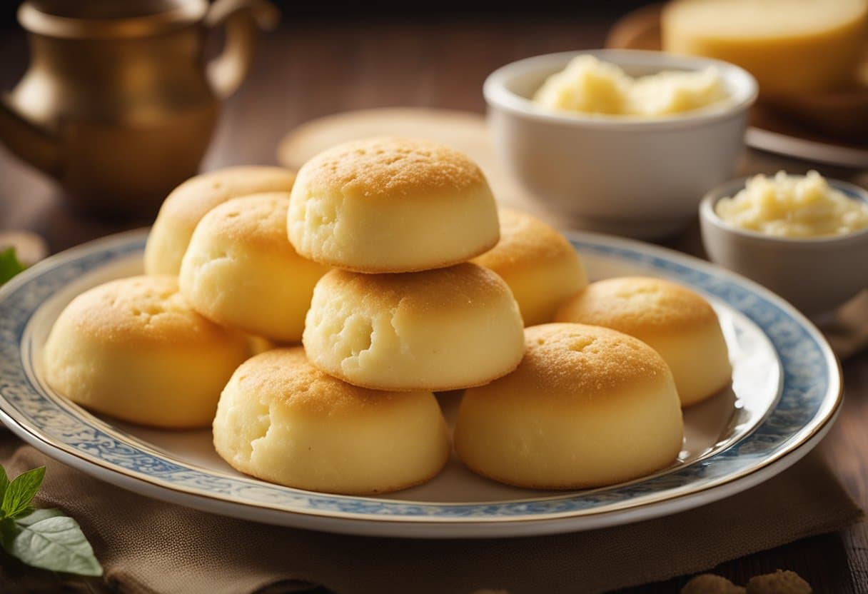 Um prato de pão de queijo sem lactose envolto em vapor, com uma crosta dourada e marrom e um interior macio e recheado de queijo.